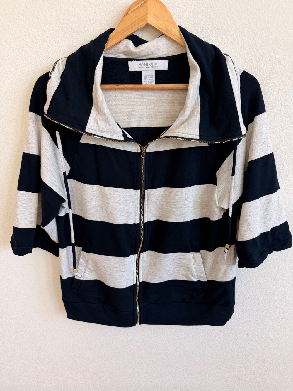 Weekend by Andrea Jovine Striped Zip Hoodie - Navy & Light Gray
